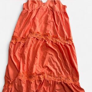 Coral Maxi Dress with Lace Trim